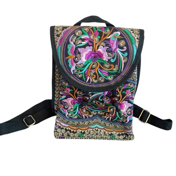 Black Multicolored Floral Embroidered Boho Backpack Small 12x9x4 Canvas - Picture 1 of 7
